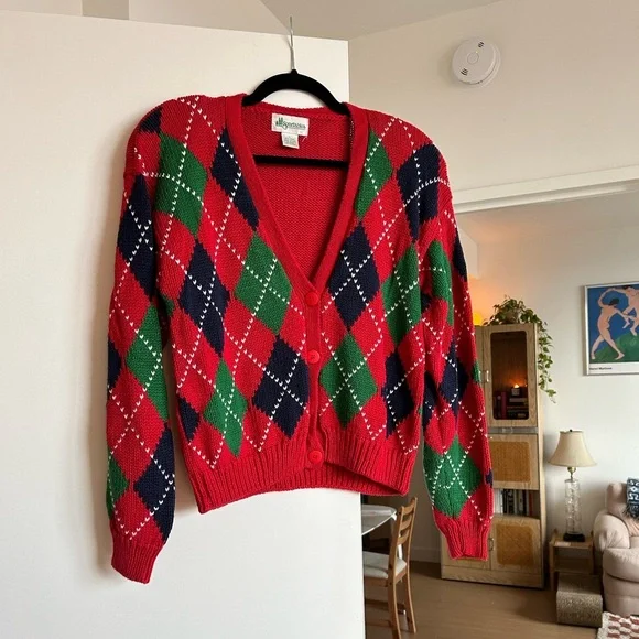 Vintage Argyle Cardigan Sweater Red Green Navy Plaid Preppy Holiday Women’s L - Picture 1 of 2